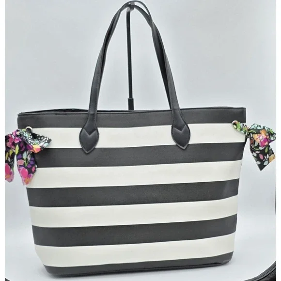 Simply Spring Tote Black White Stripes Flower Print Bows NWT Large Stylish #0255 - Picture 2 of 7